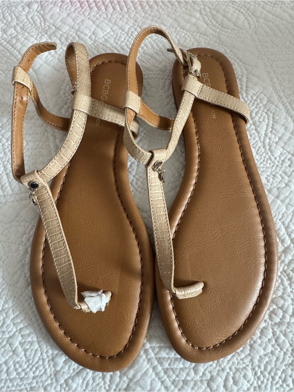 BCBGeneration Beige T-Strap Croc-Embossed Sandals